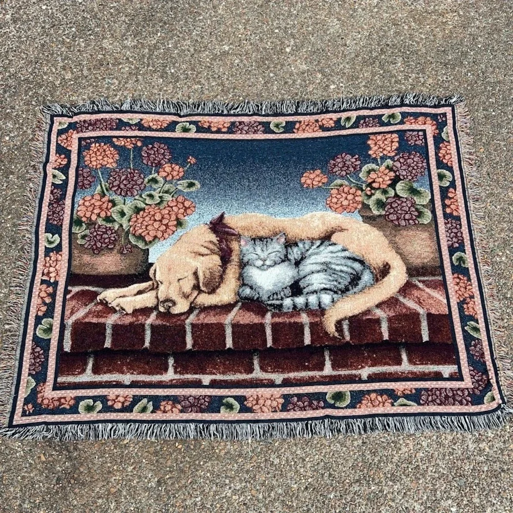 Vintage Dog and Cat Cuddling on Brick Porch Floral Woven Tapestry Blanket Throw